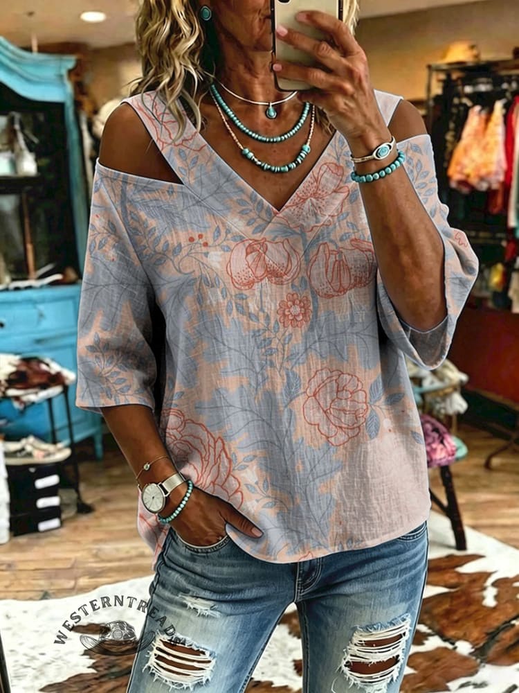 Women's Vintage Flowers Print Off-shoulder Patchwork Casual Shirt