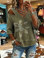 Women's Vintage Flowers Print Off-shoulder Patchwork Casual Shirt