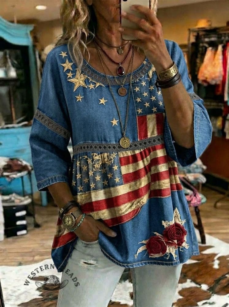 Vintage Independence Day American Flag Print Casual 3/4 Sleeves Hollow Denim Shirt