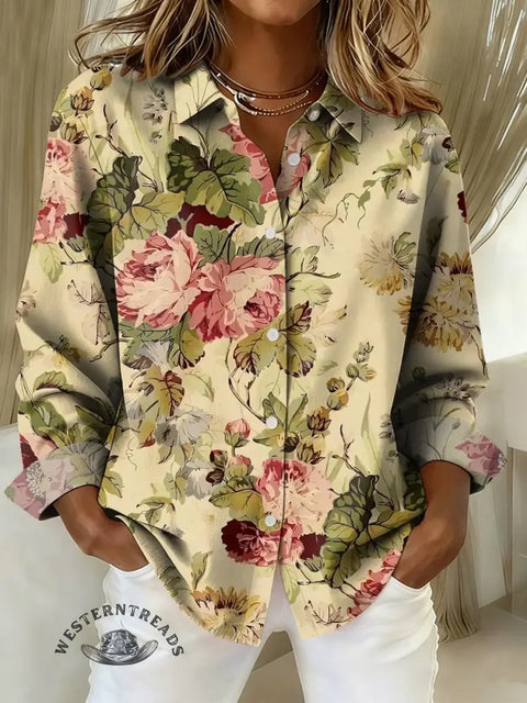 Women's Flower Art Print Casual Cotton Shirt
