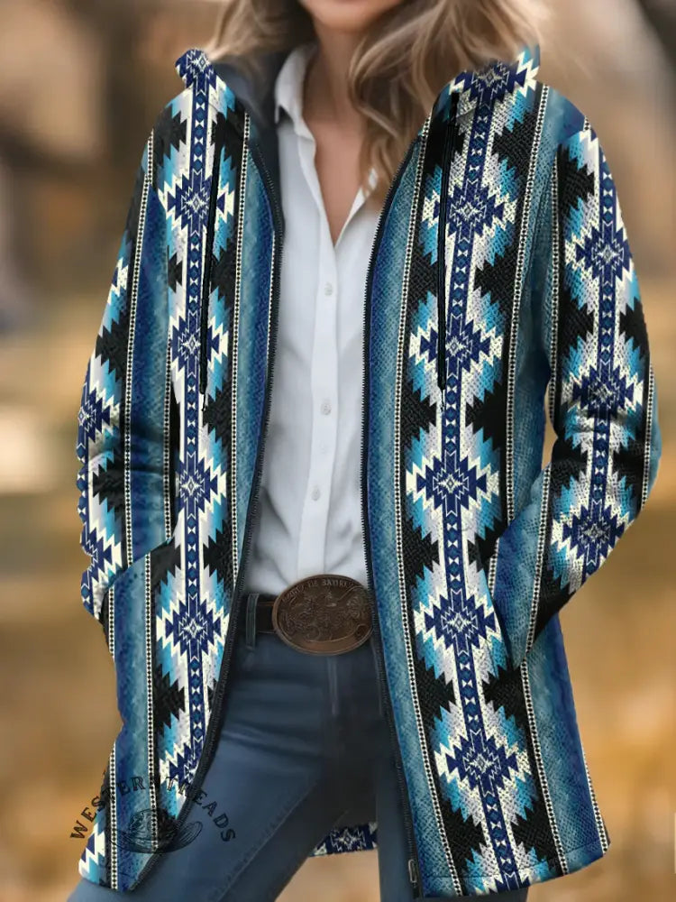 Aztec Print Unisex Plush Thick Long-Sleeved Cardigan Coat