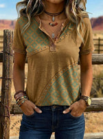 Vintage Art Print Western Henley Neck T-shirt
