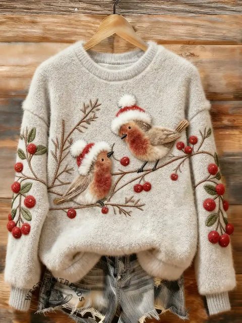 Women's Christmas Two Robins Art Print Cozy Plush Sweater