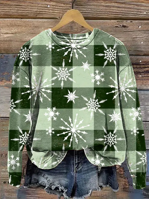 Christmas Green Plaid Snowflake Casual Cotton Sweatshirt