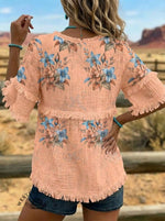 Vintage Floral Pattern Print Patchwork Cotton And Linen Shirt