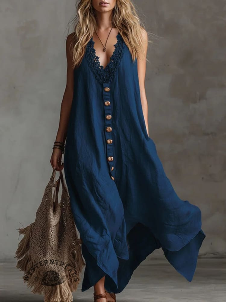 Women's Solid Color Sleeveless Cotton And Linen Tank Dress