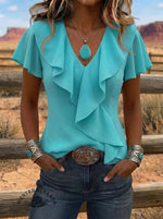 Women's Retro Casual Ruffled V-Neck Shirt