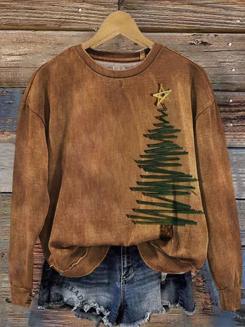 Retro Christmas Tree Casual Cotton Sweatshirt