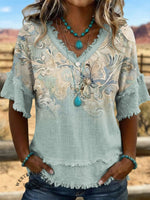 Vintage Floral Art Patchwork Cotton And Linen Shirt