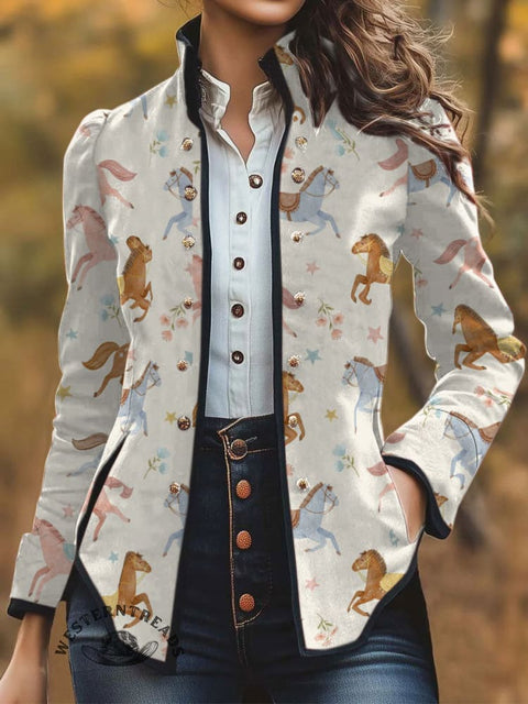 Women's Retro Horse Pattern Print Casual Jacket
