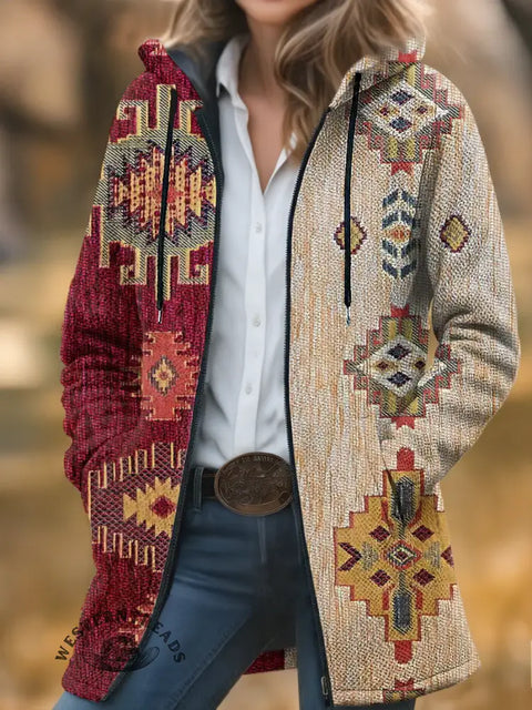 Retro Colorful Aztec Unisex Plush Thick Long-sleeved Cardigan Coat