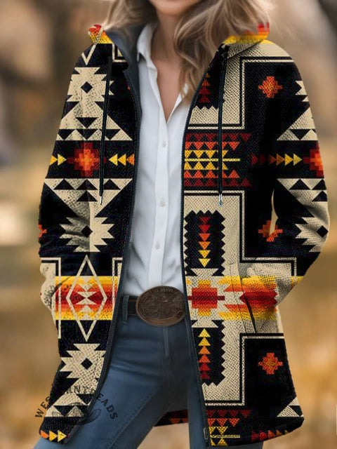 Aztec Print Unisex Plush Thick Long-sleeved Cardigan Coat