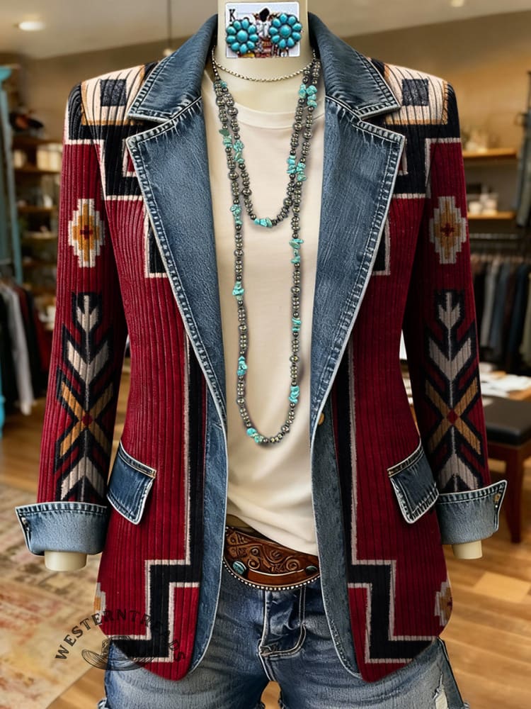 Retro Aztec Print Patchwork Denim Sweater Cardigan Coat