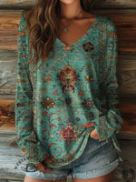 100% Cotton🍃Retro Flower Women's V-neck Long-sleeved Shirt