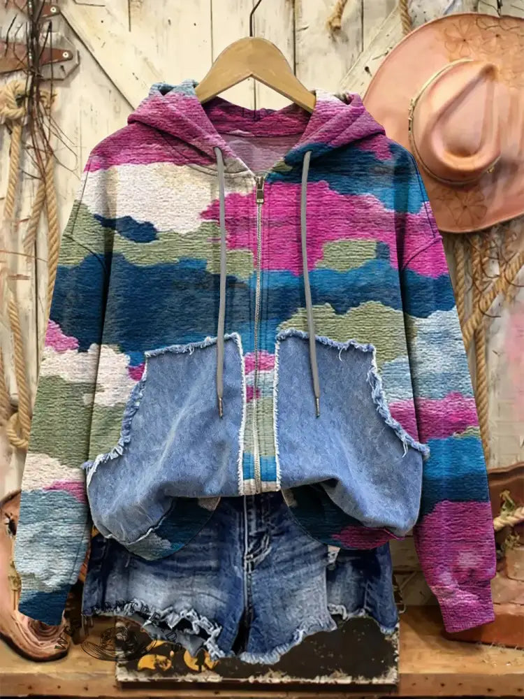Retro Print Casual Cotton Patchwork Hooded Zip-up Sweatshirt