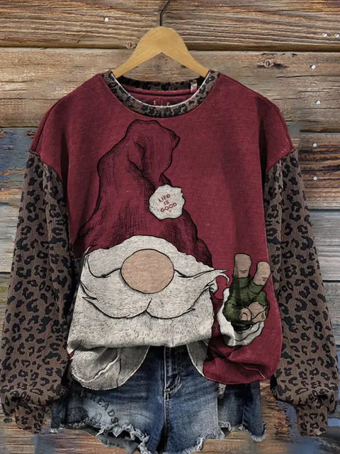Retro Santa Elf Print Casual Cotton Leopard Print Christmas Sweatshirt
