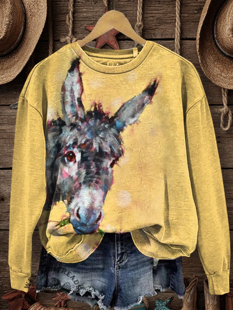 Vintage Donkey Art Print Casual Cotton Sweatshirt