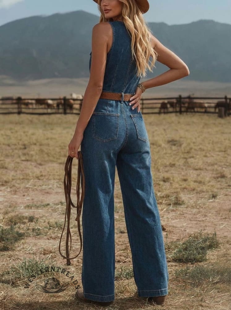 Women's Casual Denim Jumpsuit, Paired With Wide-leg Pants