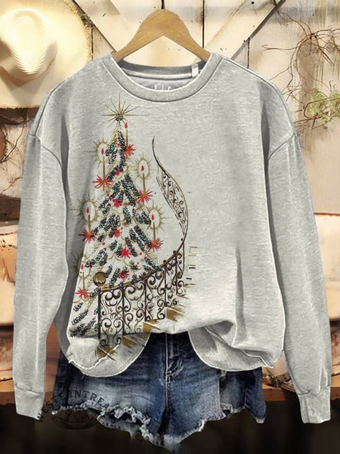 Christmas Trees Print Casual Cotton Sweatshirt