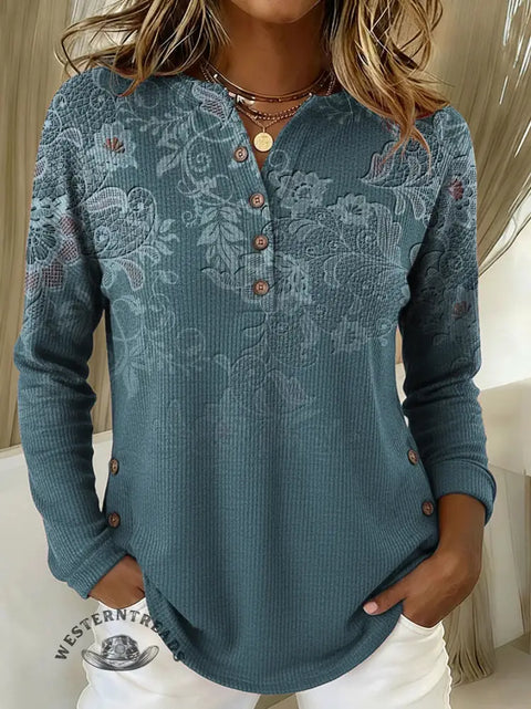 Women's Retro Floral Print Casual Cotton Shirt