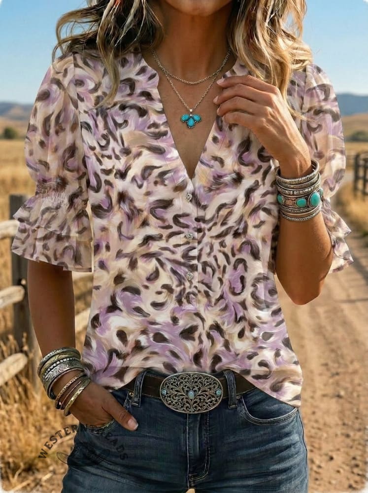 Women's Retro Leopard Floral Puff Sleeve Casual Shirt