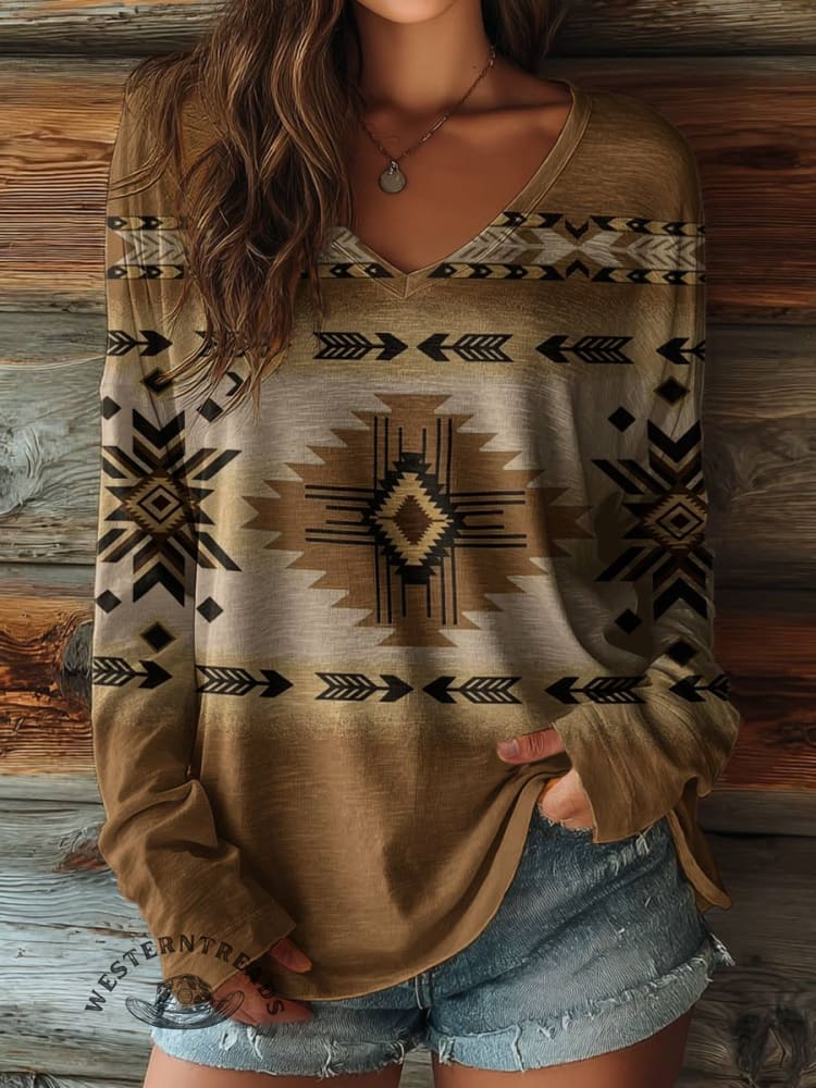 100% Cotton🍃Women's Aztec Print Casual V-neck Long Sleeve T-shirt
