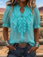 Women's Vintage Casual Ruffle Puff Sleeve Chiffon Shirt