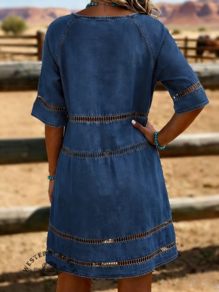 Women's Retro Print Casual Hollow Denim Dress