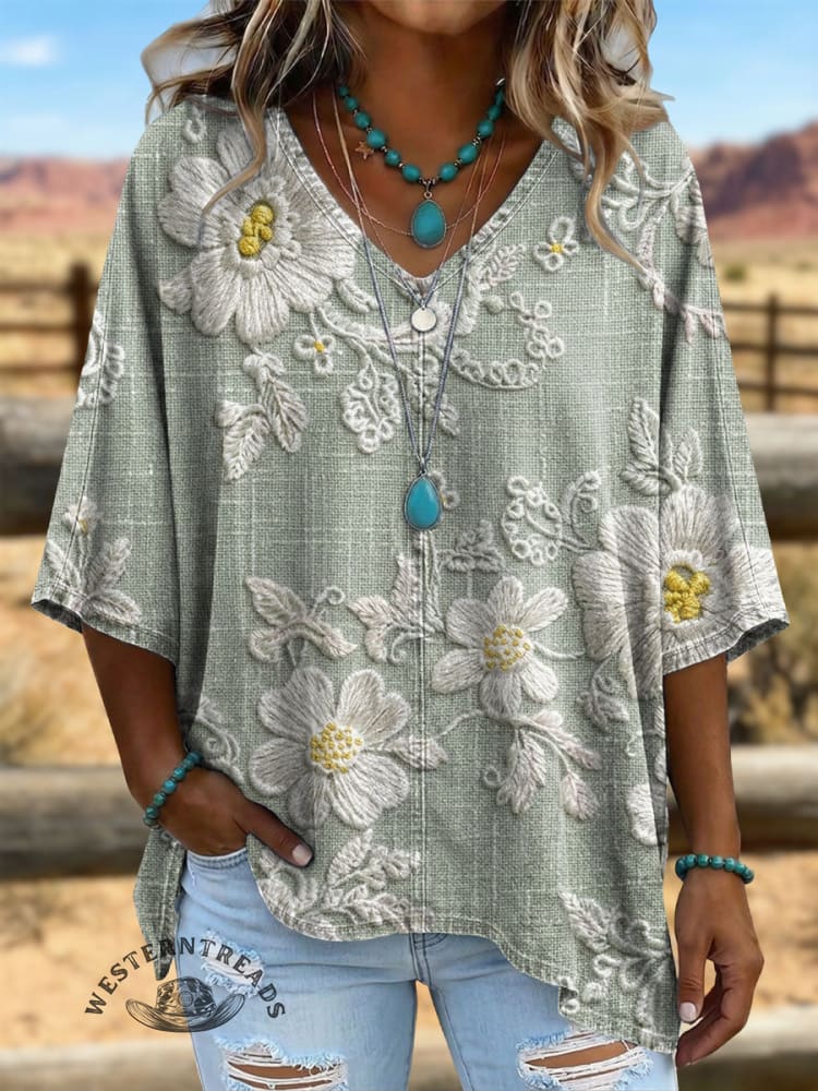 Vintage Western Art Print Casual V-neck Denim Loose Shirt