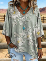 Vintage Western Art Print Casual V-neck Denim Loose Shirt