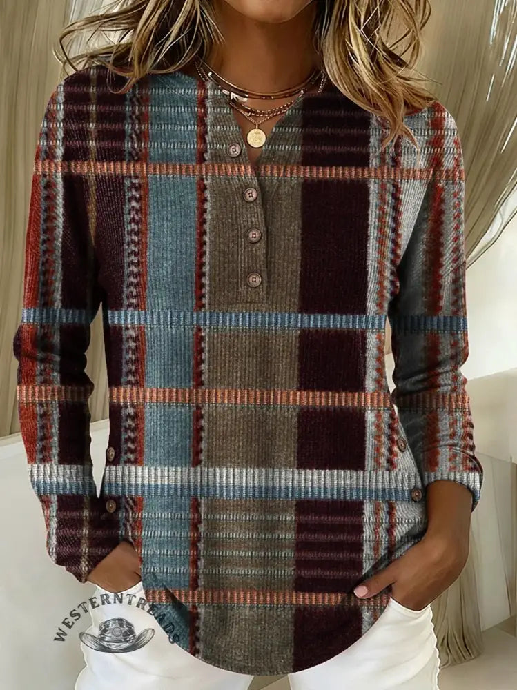 Women's Retro Plaid Print Casual Cotton Shirt
