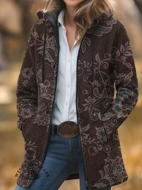 Retro Floral Unisex Plush Thick Long-Sleeved Cardigan Coat