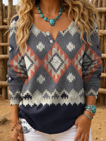 Women's Retro Aztec Art Print Henley Neck Sweater Top