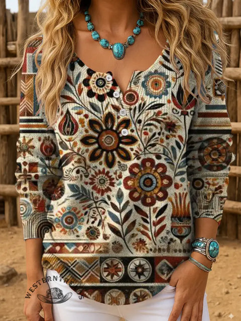 Retro Flower Print Buttoned Cardigan Sweater