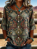 Women's Vintage Floral Print Casual Hollow-out Denim Shirt