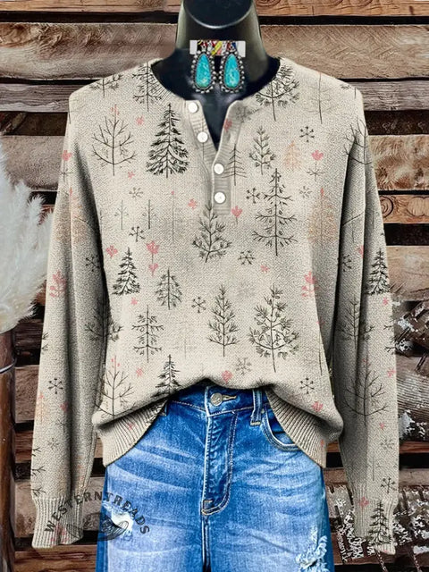 Retro Christmas Art Print Buttoned Cardigan Sweater