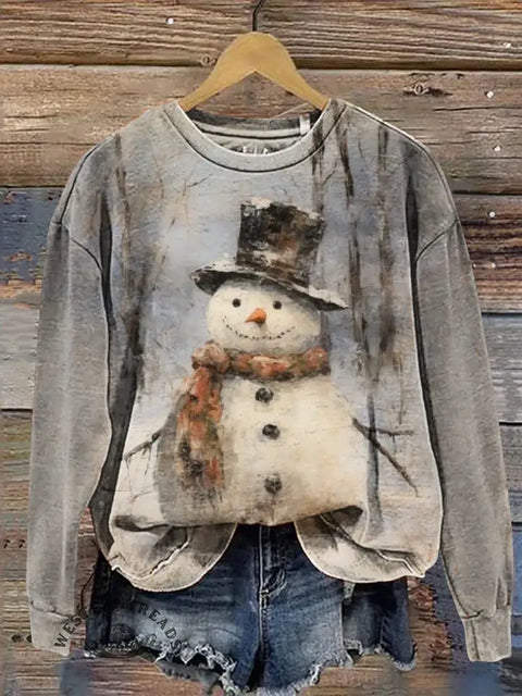 Retro Snowman Print Casual Cotton Sweatshirt