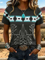 Western Aztec Style Stitching Style Print T-shirt