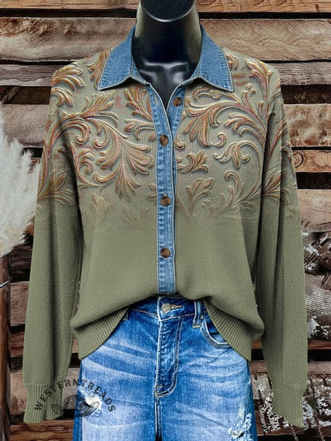 Denim Floral Polo Collar Button Cardigan Sweater