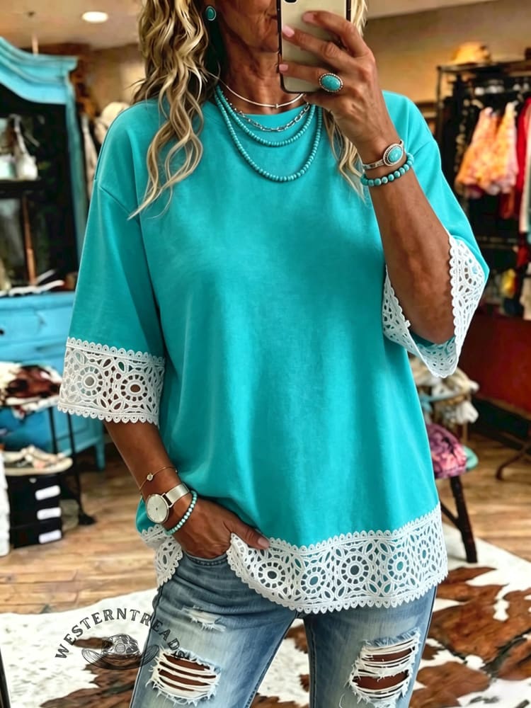 Women's Vintage Art Print Lace Sleeve Casual Shirt