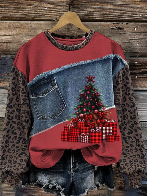 Retro Christmas Tree Leopard Print Denim Patchwork Casual Cotton Sweatshirt