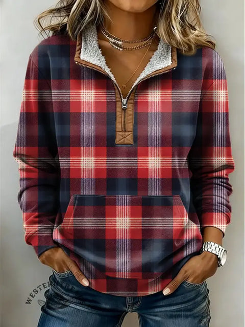 Plaid Print Casual Half-zip Cotton Sweatshirt