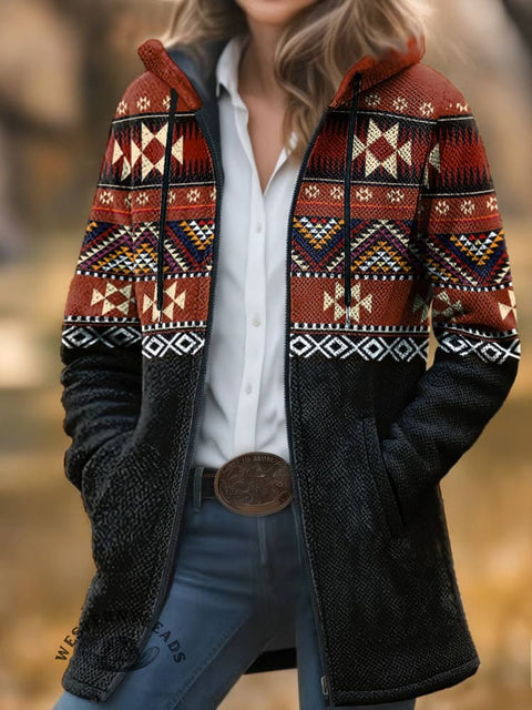Aztec Print Unisex Plush Thick Long-sleeved Cardigan Coat