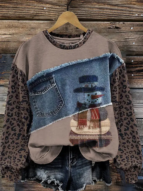 Snowman Patchwork Leopard Print Denim Vision Casual Cotton Sweatshirt