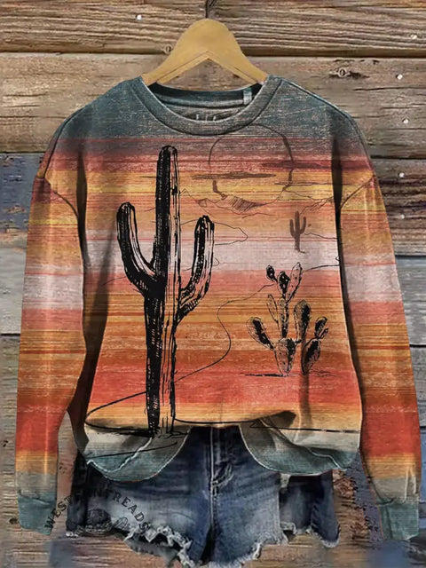 Western Cactus Print Casual Sweatshirt