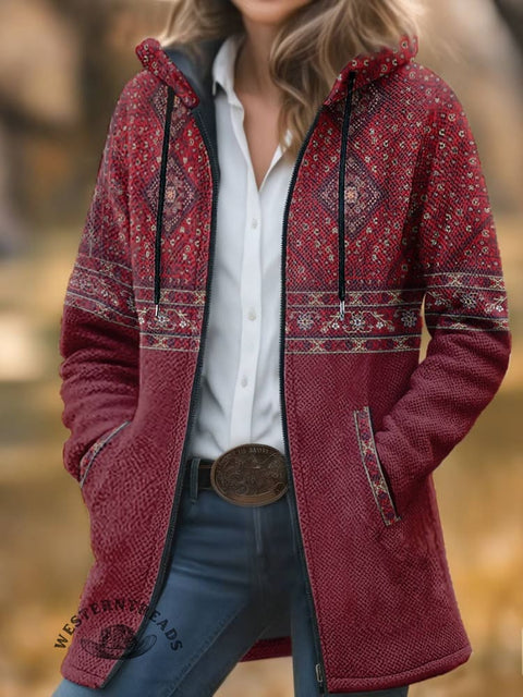 Aztec Print Unisex Plush Thick Long-sleeved Cardigan Coat