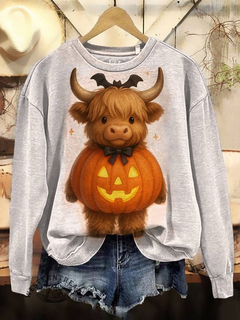 Highland Cow Print Casual Cotton Sweatshirt