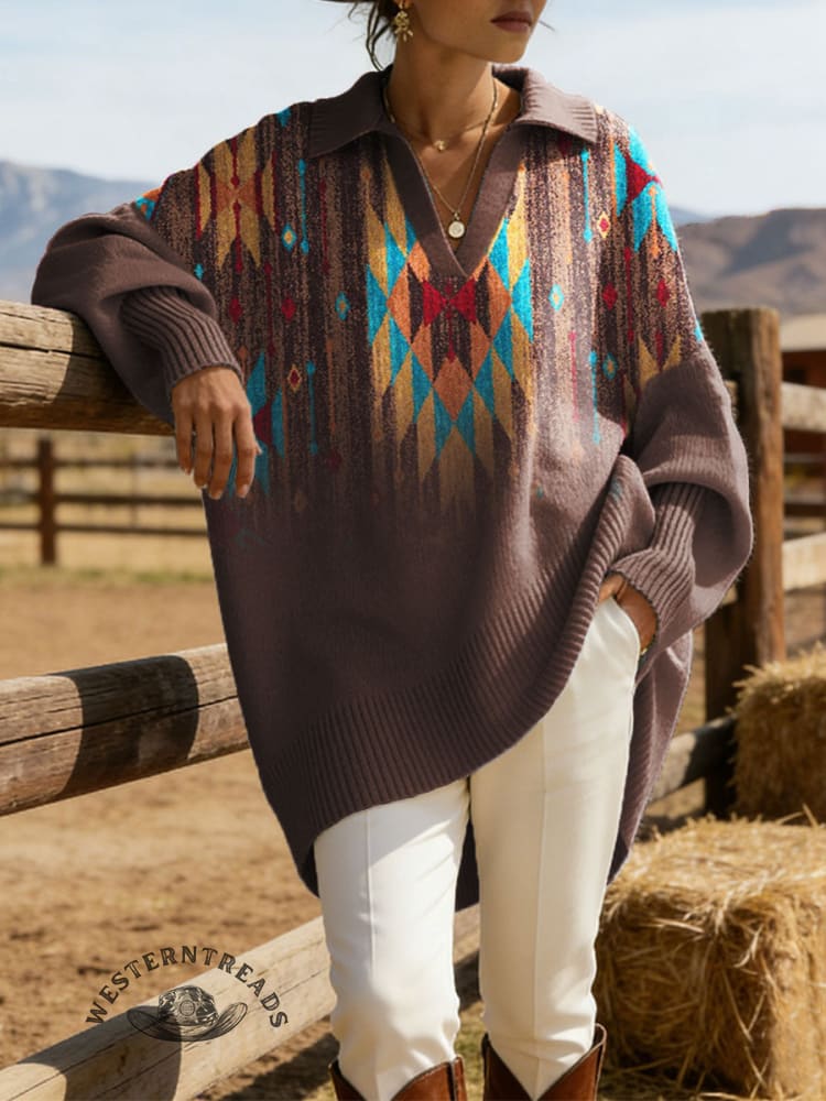 Vintage Aztec Art Print Casual Lapel Sweater