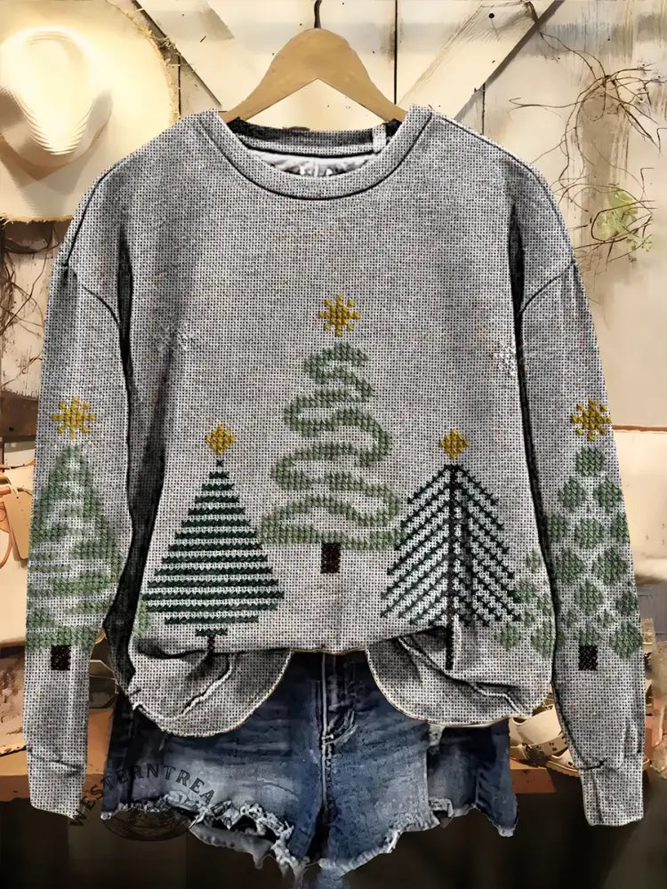 Christmas Tree Texture Print Casual Cotton Sweatshirt