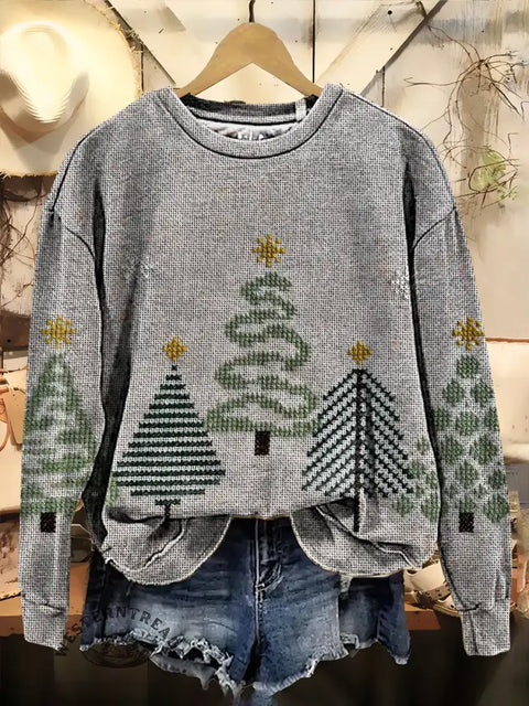 Christmas Tree Texture Print Casual Cotton Sweatshirt